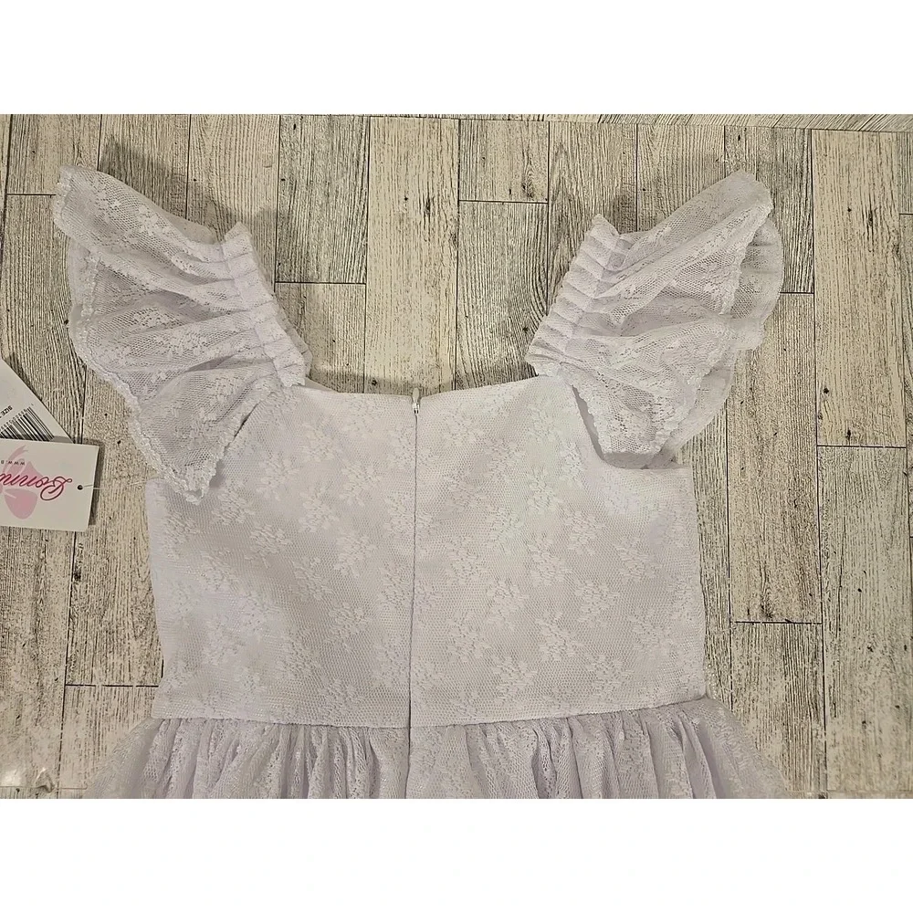 Bonnie Jean Communion Dress 7 Flutter Sleeve Flower Girl White Lace NEW